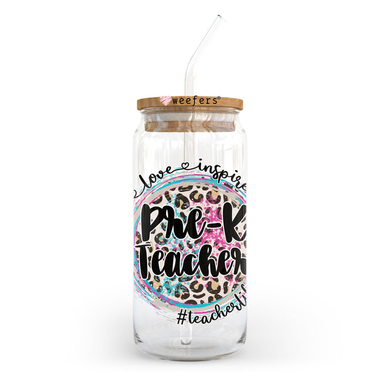 Pre-K Teacher Inspire Love 20oz Libbey Glass Can UV DTF or Sublimation Wrap - Decal Transfer Weefers