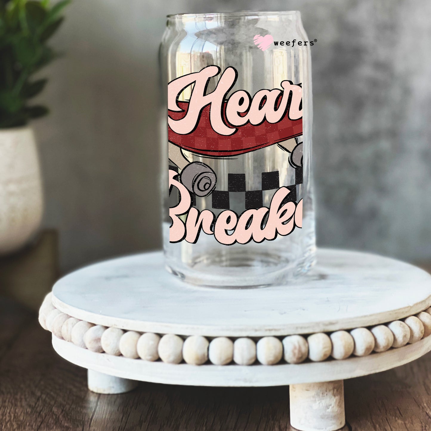 Heart Breaker Skateboard Valentine's Day 16oz Libbey Glass Can UV DTF or Sublimation Cup Wrap - Decal Transfer - Weefers