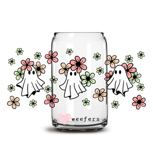 Green and Pink Flower Ghost Halloween 16oz Libbey Glass Can UV DTF or Sublimation Wrap - Decal - Weefers