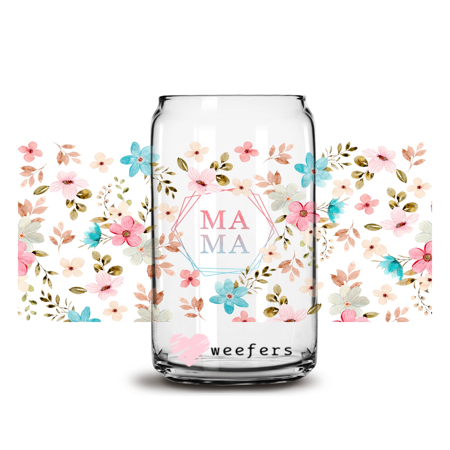 Mama Floral Blues and Pinks 16oz Libbey Glass Can UV DTF or Sublimation Wrap - Decal - Weefers