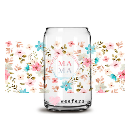 Mama Floral Blues and Pinks 16oz Libbey Glass Can UV DTF or Sublimation Wrap - Decal - Weefers