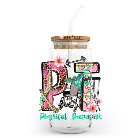 Physical Therapist Pink and Teal 20oz Libbey Glass Can UV DTF or Sublimation Wrap - Decal Transfer Weefers