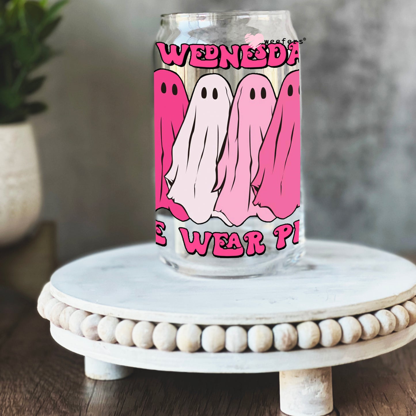 On Wednesday We Wear Pink Halloween 16oz Libbey Glass Can UV DTF or Sublimation Wrap - Decal - Weefers