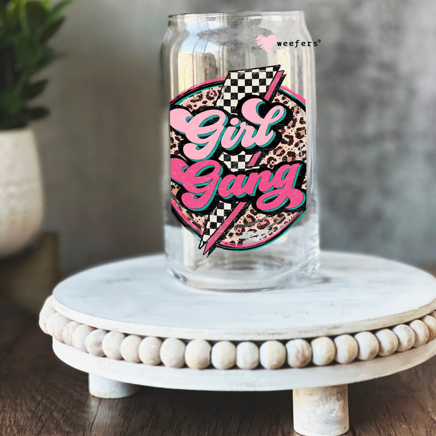 Girl Gang Cheetah Checker 16oz Libbey Glass Can UV DTF or Sublimation Wrap - Decal - Weefers