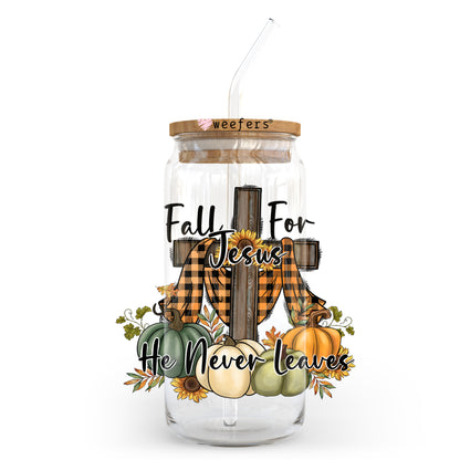 Fall for Jesus He Never Leaves Christian 20oz Libbey Glass Can, 34oz Hip Sip, 40oz Tumbler UV DTF or Sublimation Decal Transfer - Weefers