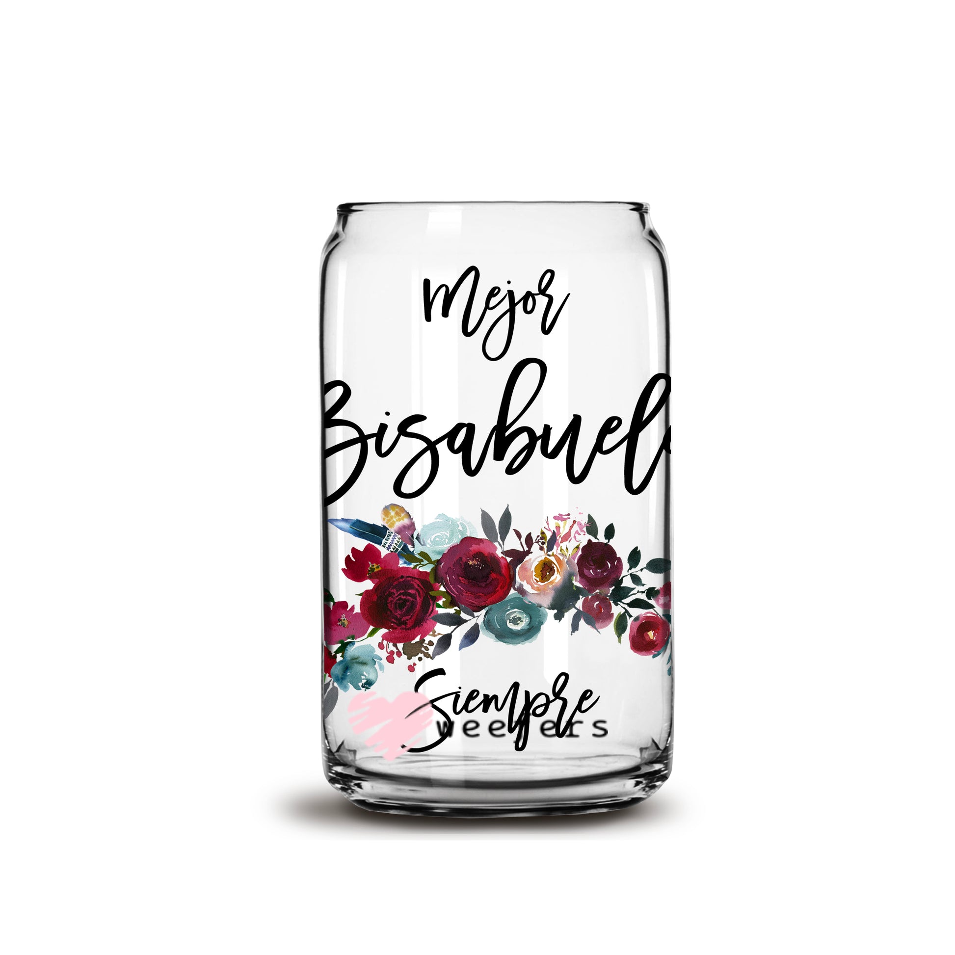 Spanish Mejor Bisabuela Siempre Burgundy Floral 16oz Libbey Glass Can UV DTF or Sublimation Wrap - Decal - Weefers