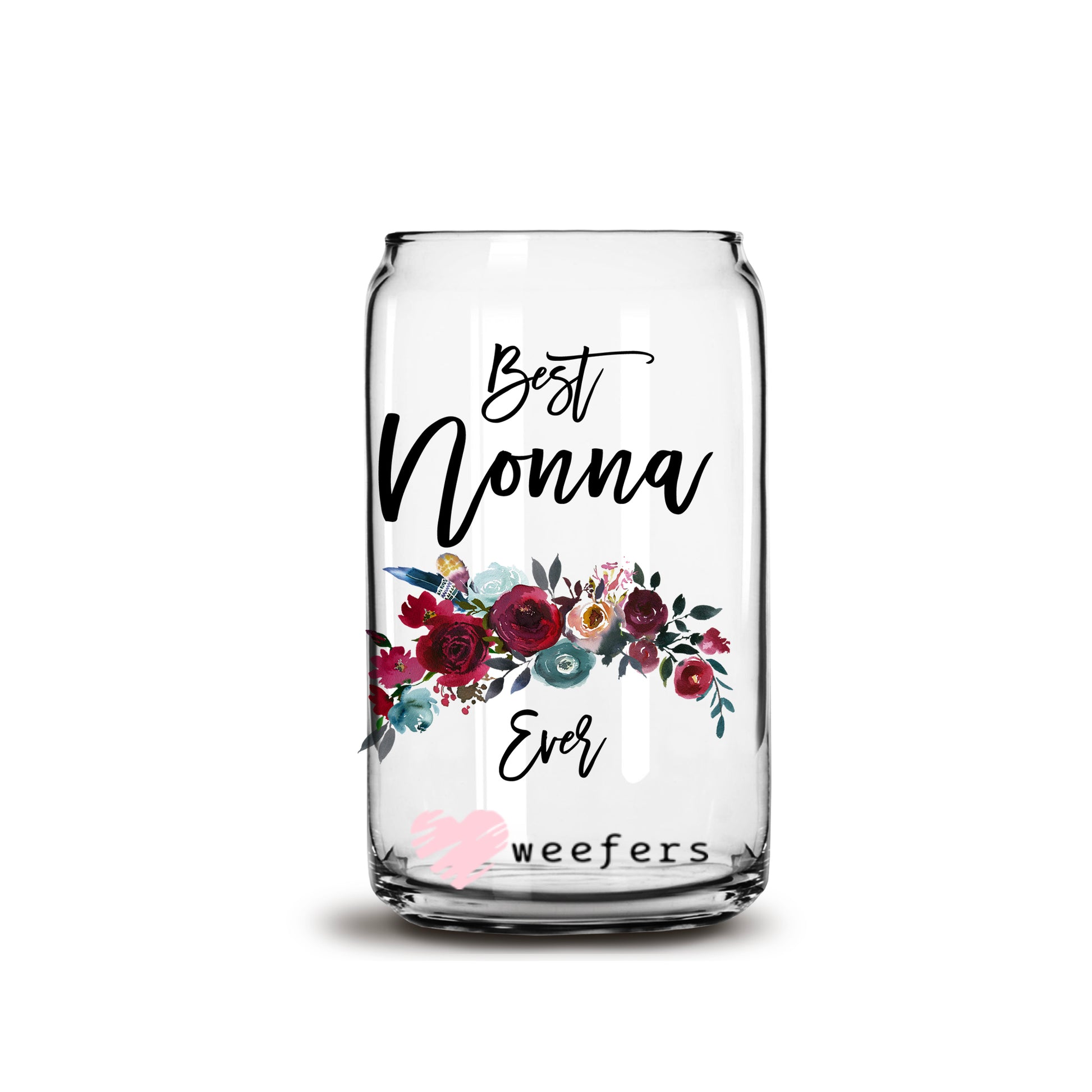 Best Nonna Ever Burgundy Floral 16oz Libbey Glass Can UV DTF or Sublimation Wrap - Decal - Weefers