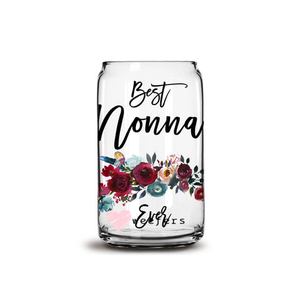 Best Nonna Ever Burgundy Floral 16oz Libbey Glass Can UV DTF or Sublimation Wrap - Decal - Weefers