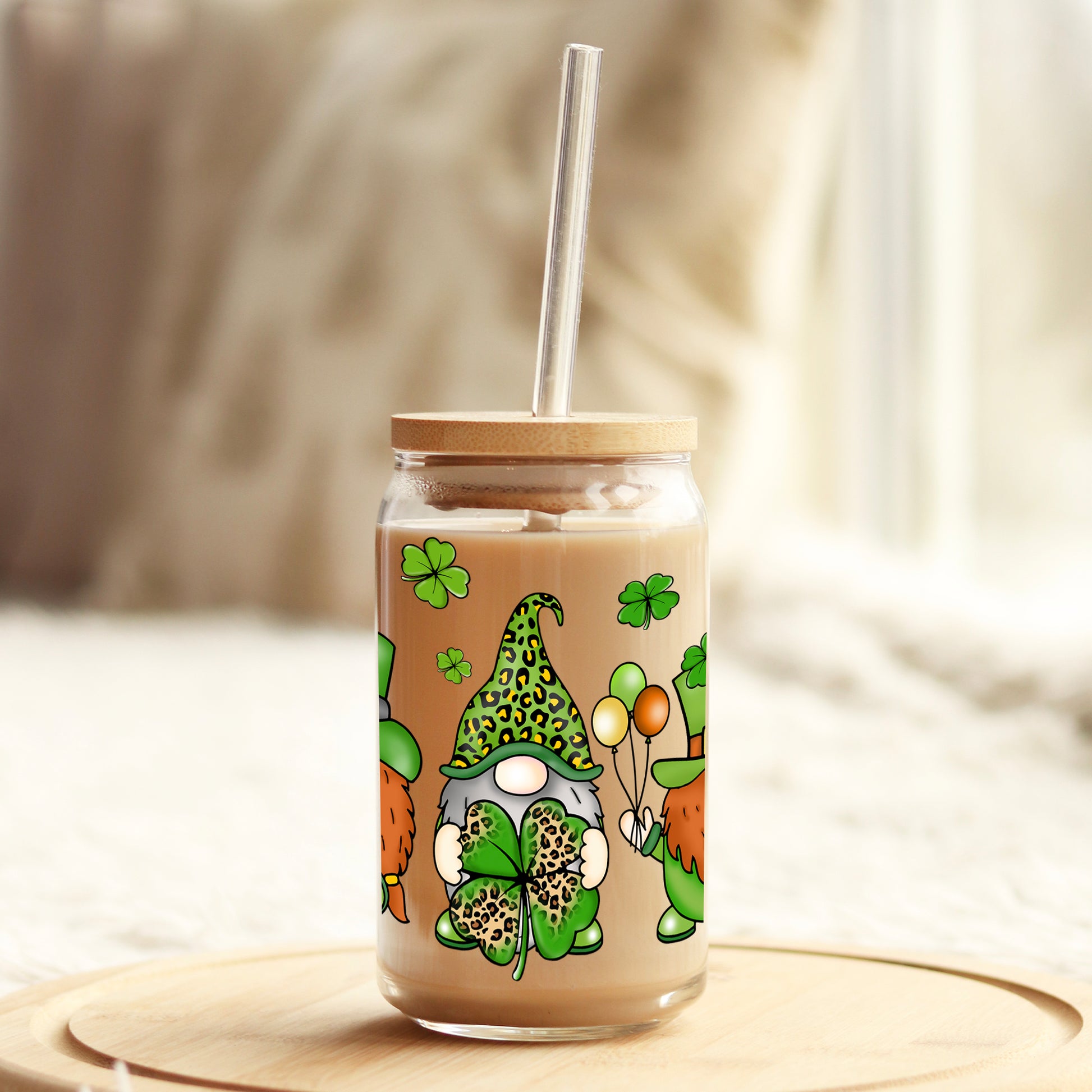 St Patrick's Day Lucky Gnomes 16oz Libbey Glass Can UV DTF or Sublimation Cup Wrap - Decal Transfer - Weefers