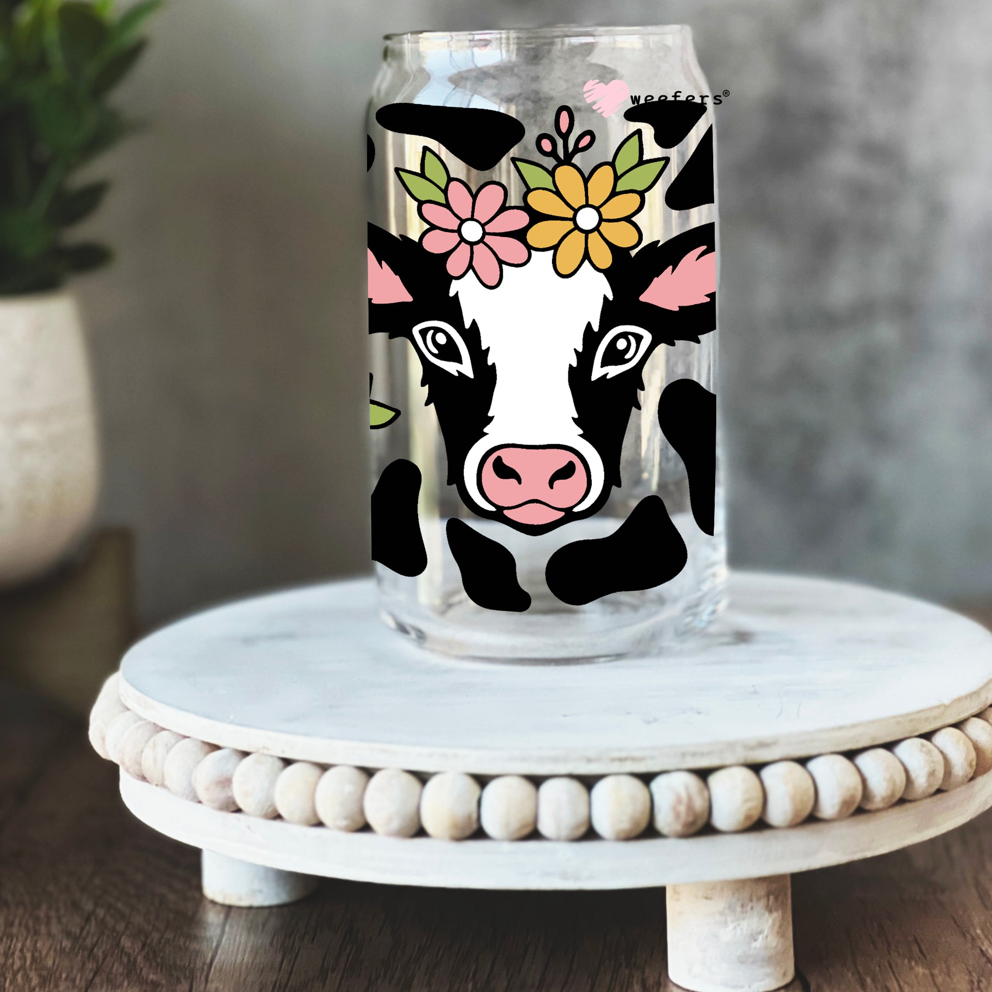 Floral Cow Print Patches 16oz Libbey Glass Can UV DTF or Sublimation Wrap - Decal - Weefers