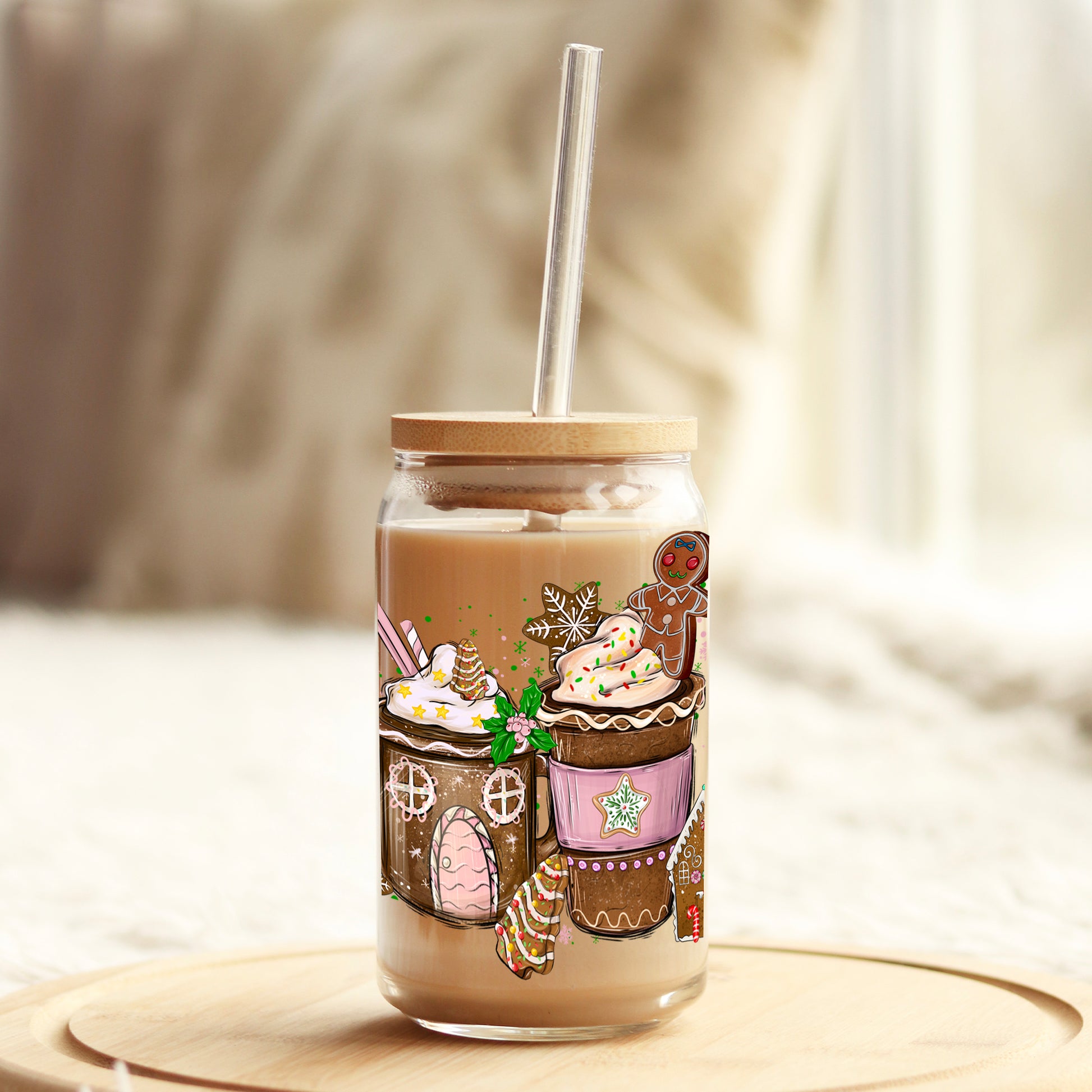 Christmas Pink Gingerbread Latte 16oz Libbey Glass Can UV DTF or Sublimation Wrap - Decal - Weefers