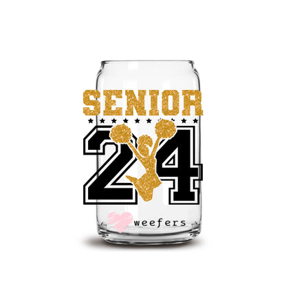 Senior 24 Cheer Gold and Black 16oz Libbey Glass Can UV DTF or Sublimation Cup Wrap - Decal - Weefers