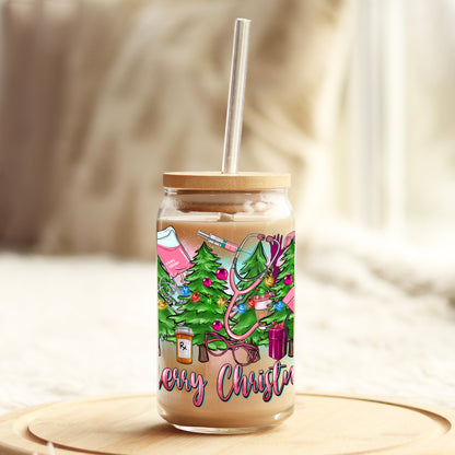 Merry Christmas Pink Nurse 16oz Libbey Glass Can UV DTF or Sublimation Wrap - Decal - Weefers