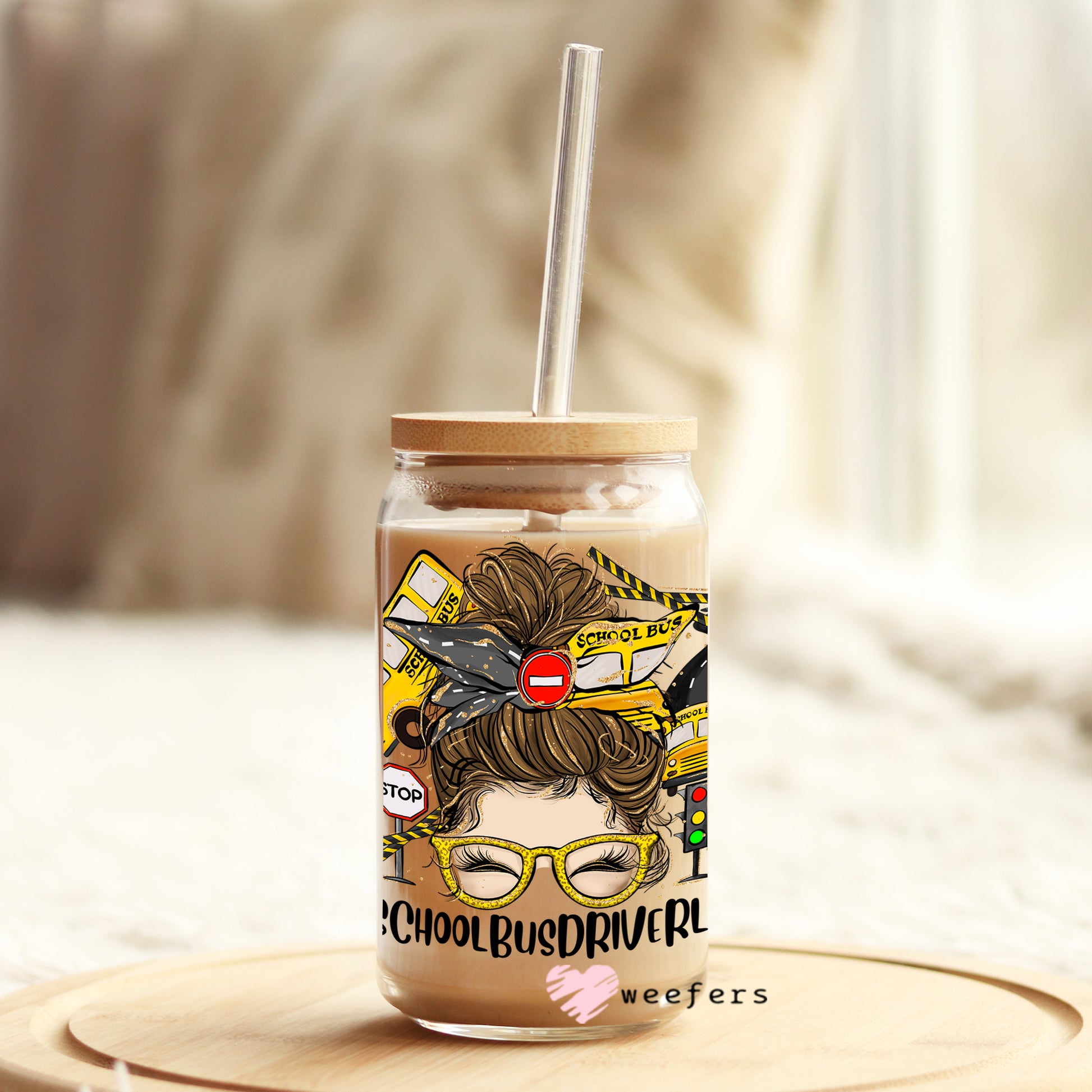 School Bus Driver Life Messy Bun 16oz Libbey Glass Can UV DTF or Sublimation Wrap - Decal - Weefers