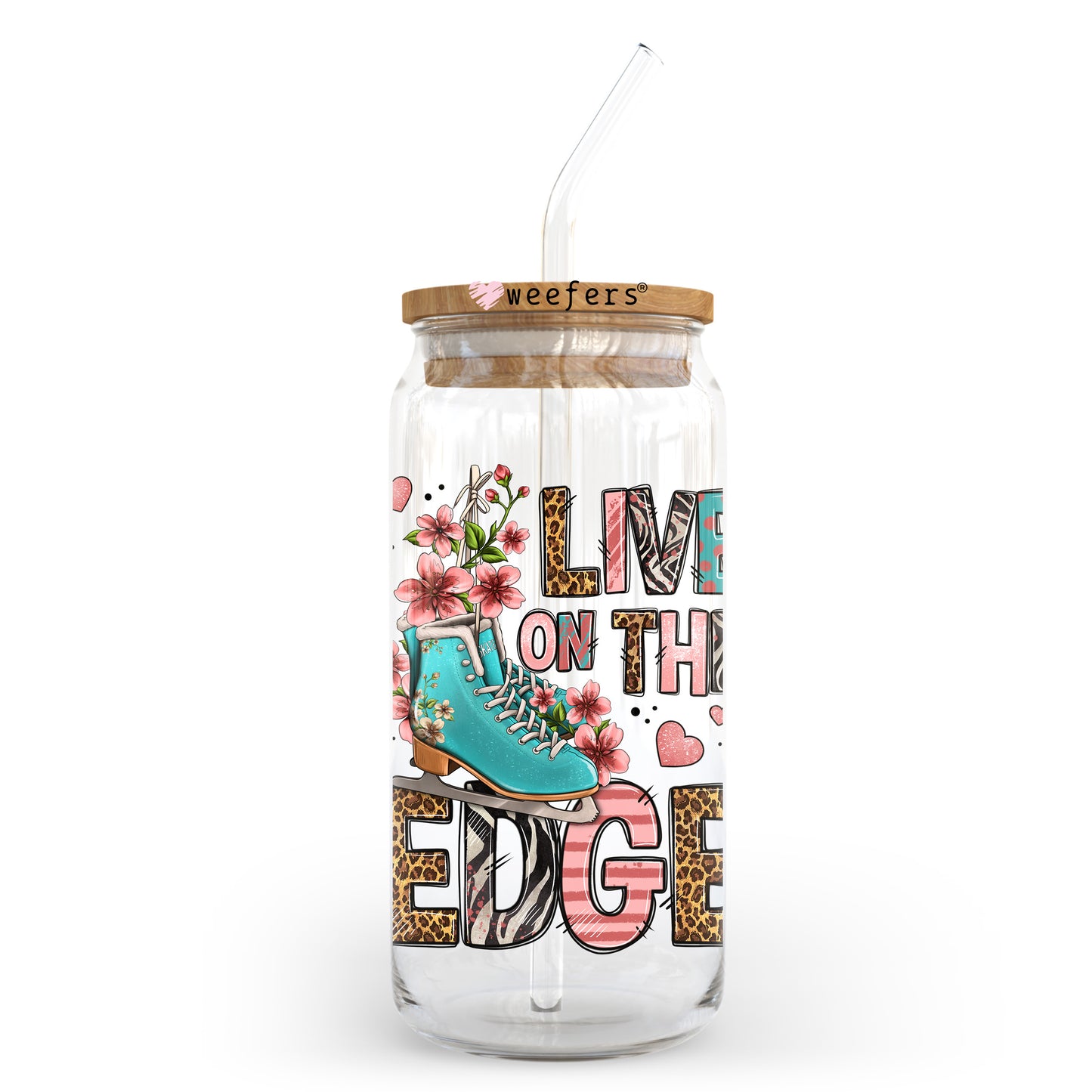 Live on the Edge Ice Skates 20oz Libbey Glass Can UV DTF or Sublimation Wrap - Decal Transfer - Weefers