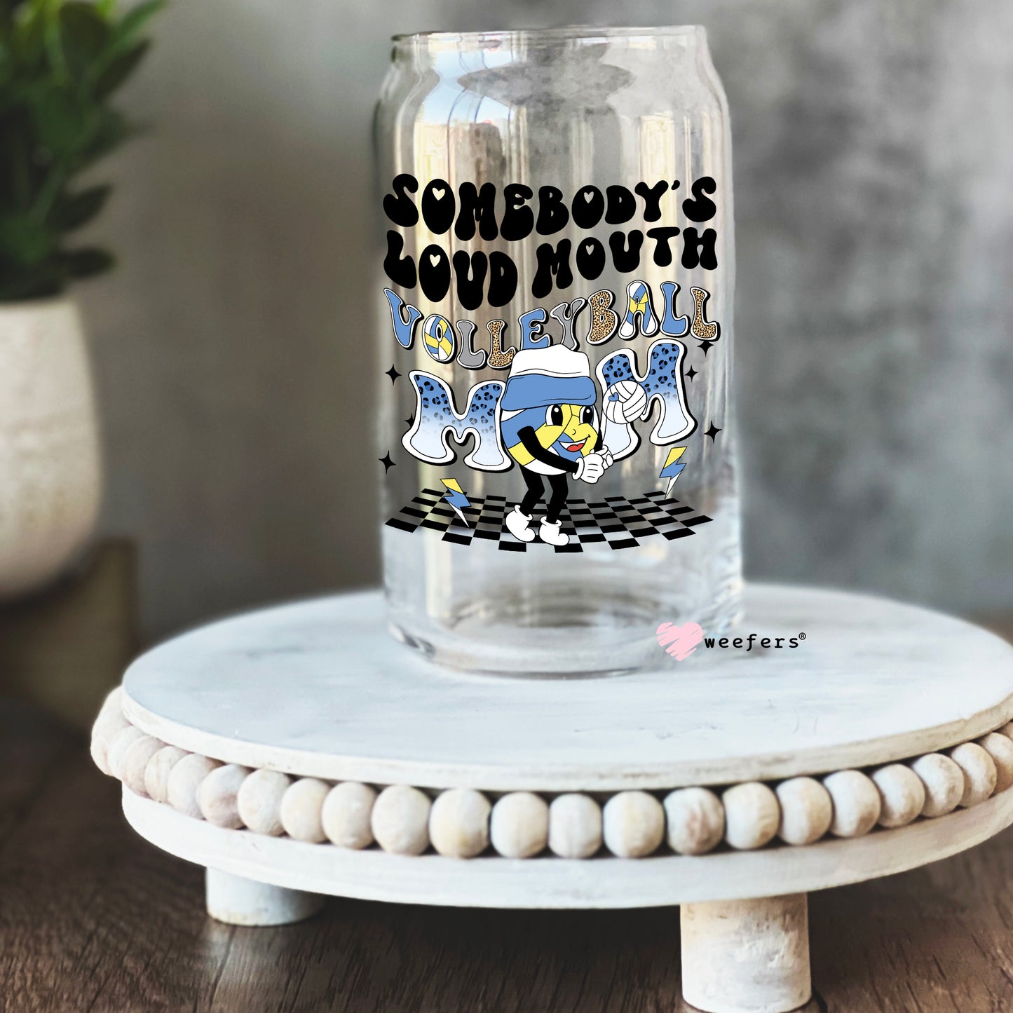 Somebody's Loud Mouth Volleyball Mom Retro 16oz Libbey Glass Can UV DTF or Sublimation Wrap - Decal - Weefers