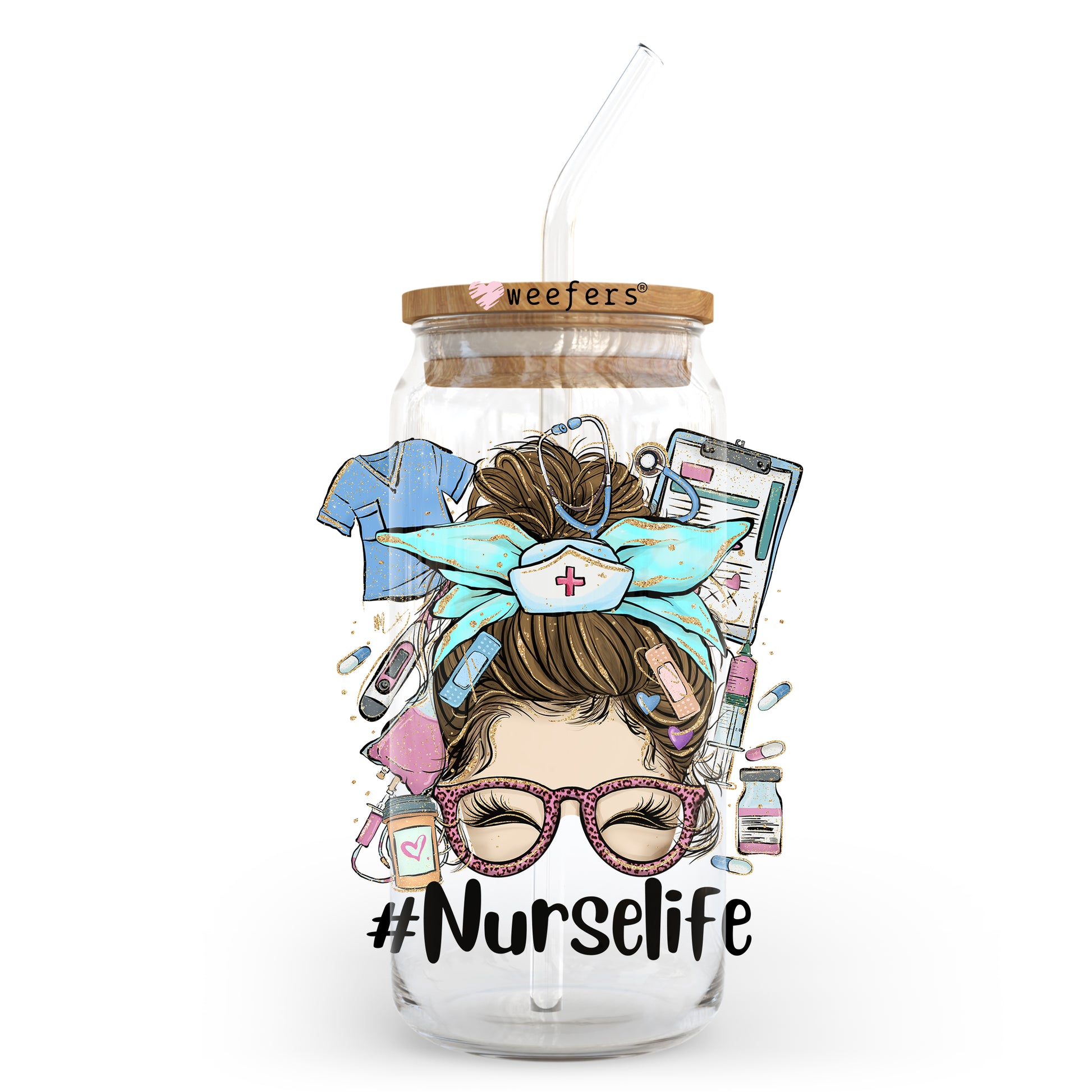 Messy Bun Nurse Life 20oz Libbey Glass Can, 34oz Hip Sip, 40oz Tumbler UV DTF or Sublimation Decal Transfer - Weefers