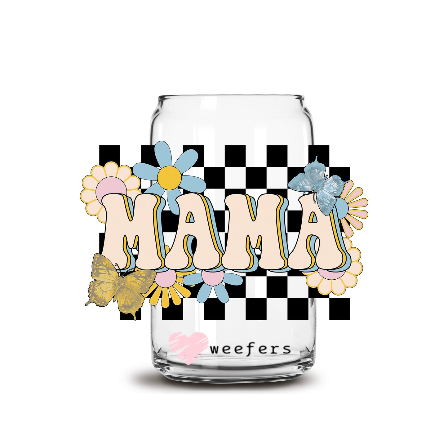 Mama Boho Checkered 16oz Libbey Glass Can UV DTF or Sublimation Cup Wrap - Decal Transfer - Weefers