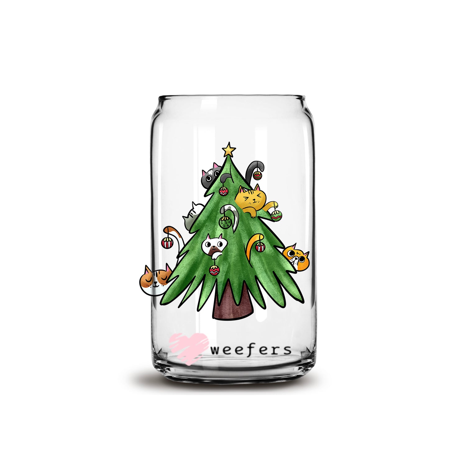 Christmas Tree Cats 16oz Libbey Glass Can UV DTF or Sublimation Cup Wrap - Decal Transfer - Weefers