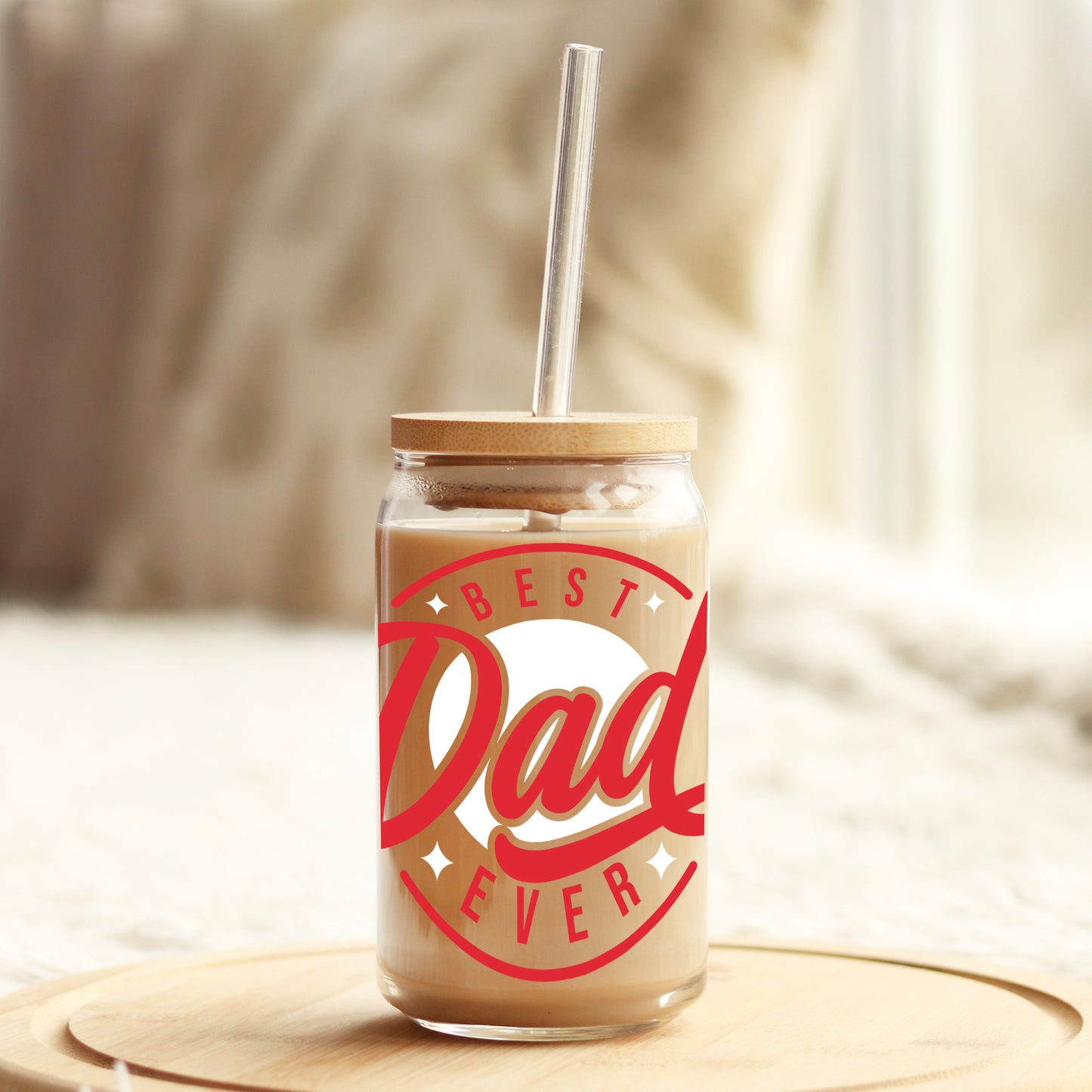 Best Dad Ever Red 16oz Libbey Glass Can UV DTF or Sublimation Cup Wrap - Decal Transfer - Weefers