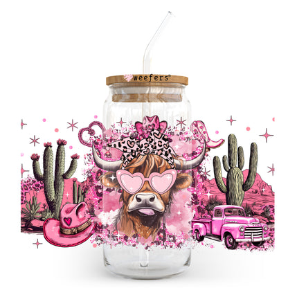 Pink Bougee Highlander Cow 20oz Libbey Glass Can UV DTF or Sublimation Wrap - Decal Transfer - Weefers