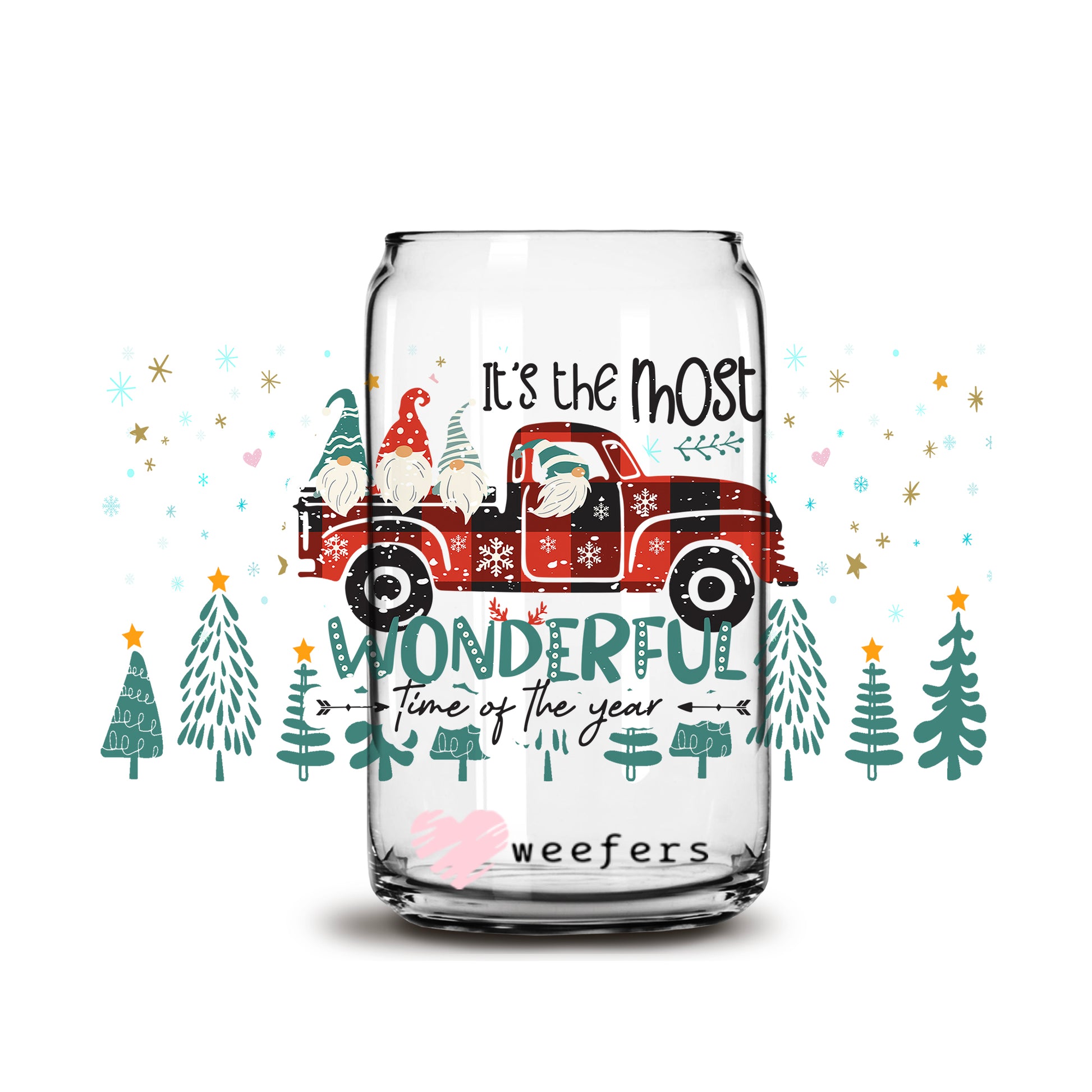 It's the Most Wonderful Time of the Year Truck Christmas 16oz Libbey Glass Can UV DTF or Sublimation Wrap - Decal - Weefers