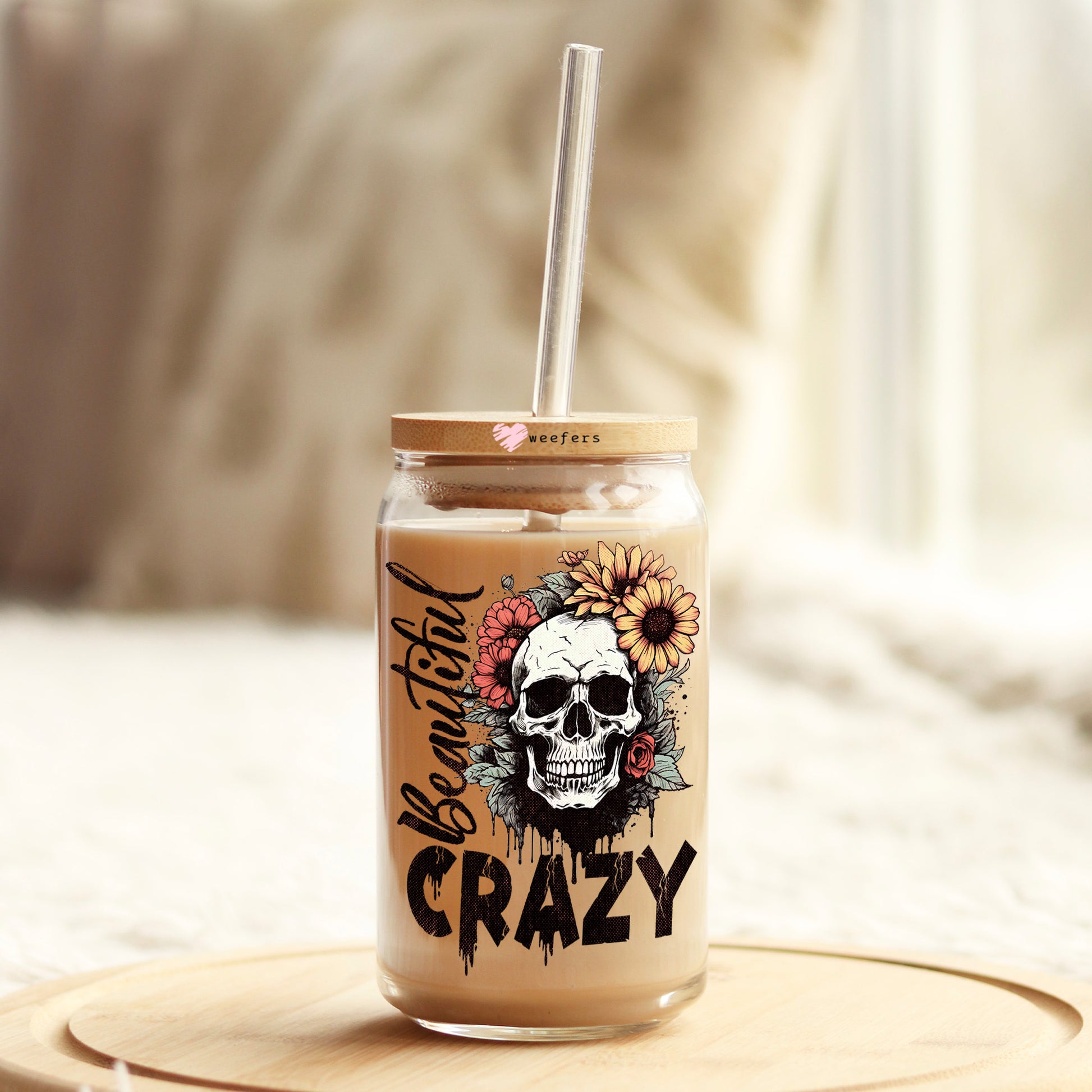 Beautiful Crazy Skull Sunflower 16oz Libbey Glass Can UV DTF or Sublimation Wrap - Decal - Weefers