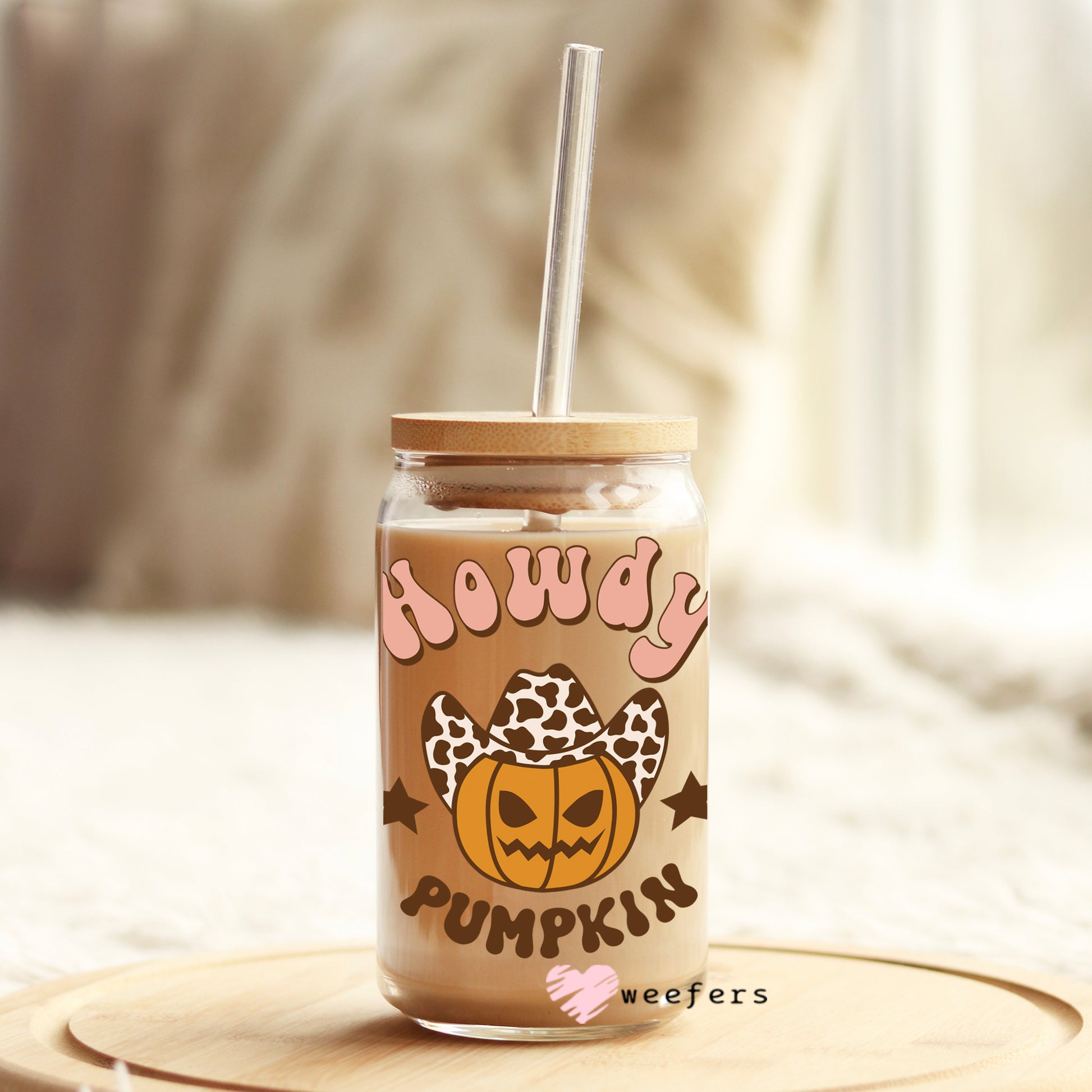 Howdy Pumpkins Brown Cowprint 16oz Libbey Glass Can UV DTF or Sublimation Wrap - Decal - Weefers