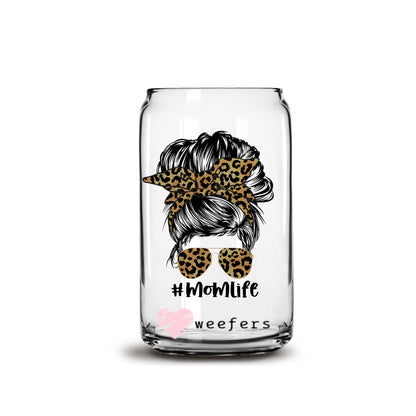 Messy Bun Mom Life Leopard 16oz Libbey Glass Can UV DTF or Sublimation Wrap - Decal - Weefers