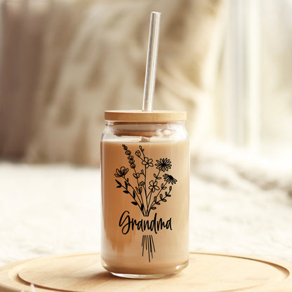 Wild Flower Grandma 16oz Libbey Glass Can UV DTF or Sublimation Wrap - Decal - Weefers