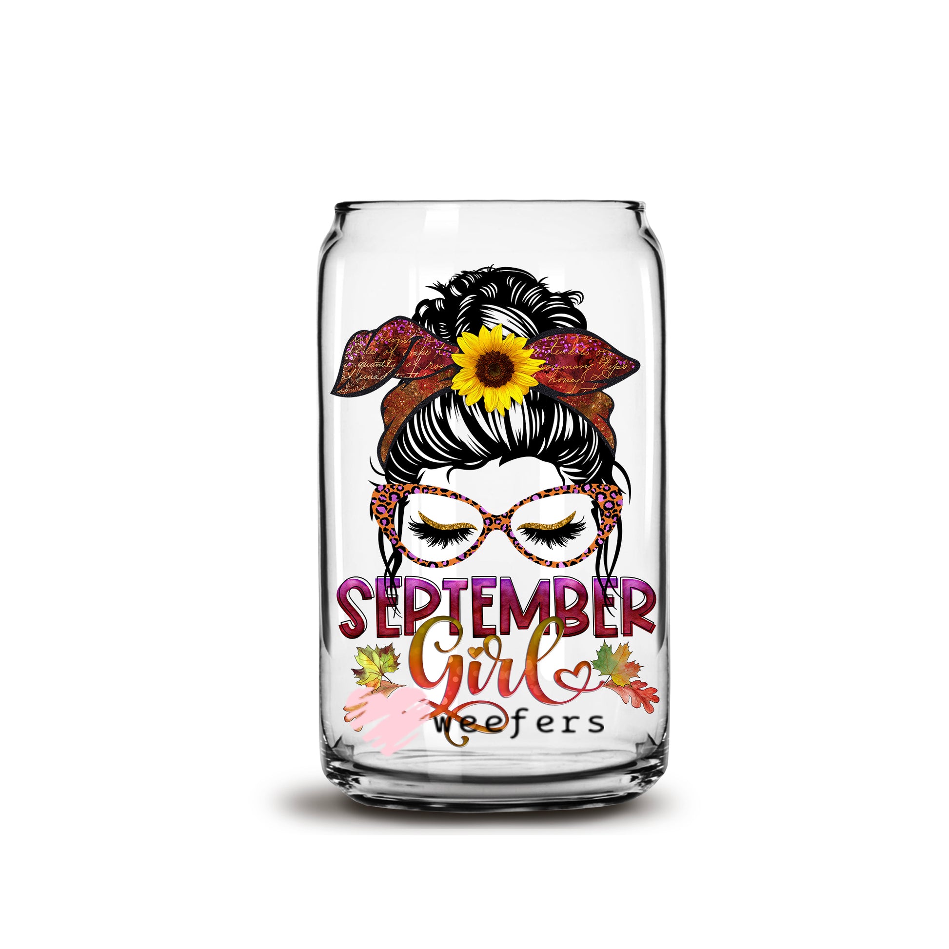 Messy Bun September Girl Birthday Month 16oz Libbey Glass Can UV DTF or Sublimation Wrap - Decal - Weefers