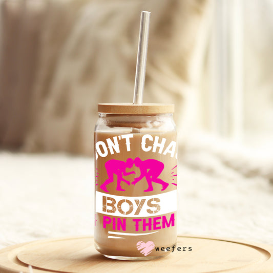 I Don't Chase Boys I Pin Them Pink Girl Wrestler 16oz Libbey Glass Can UV DTF or Sublimation Wrap - Decal - Weefers