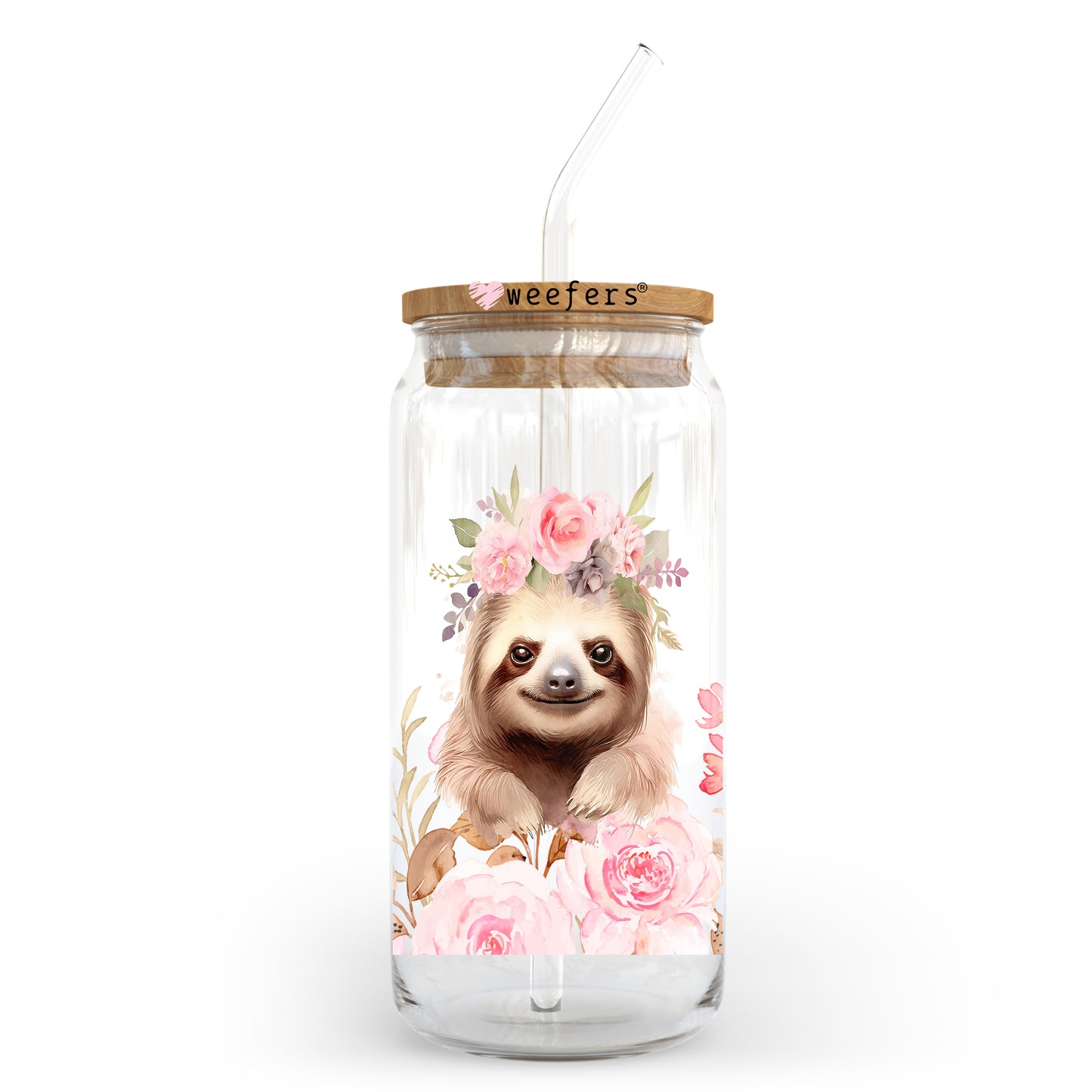 Floral Sloth 20oz Libbey Glass Can UV DTF or Sublimation Wrap - Decal - Weefers