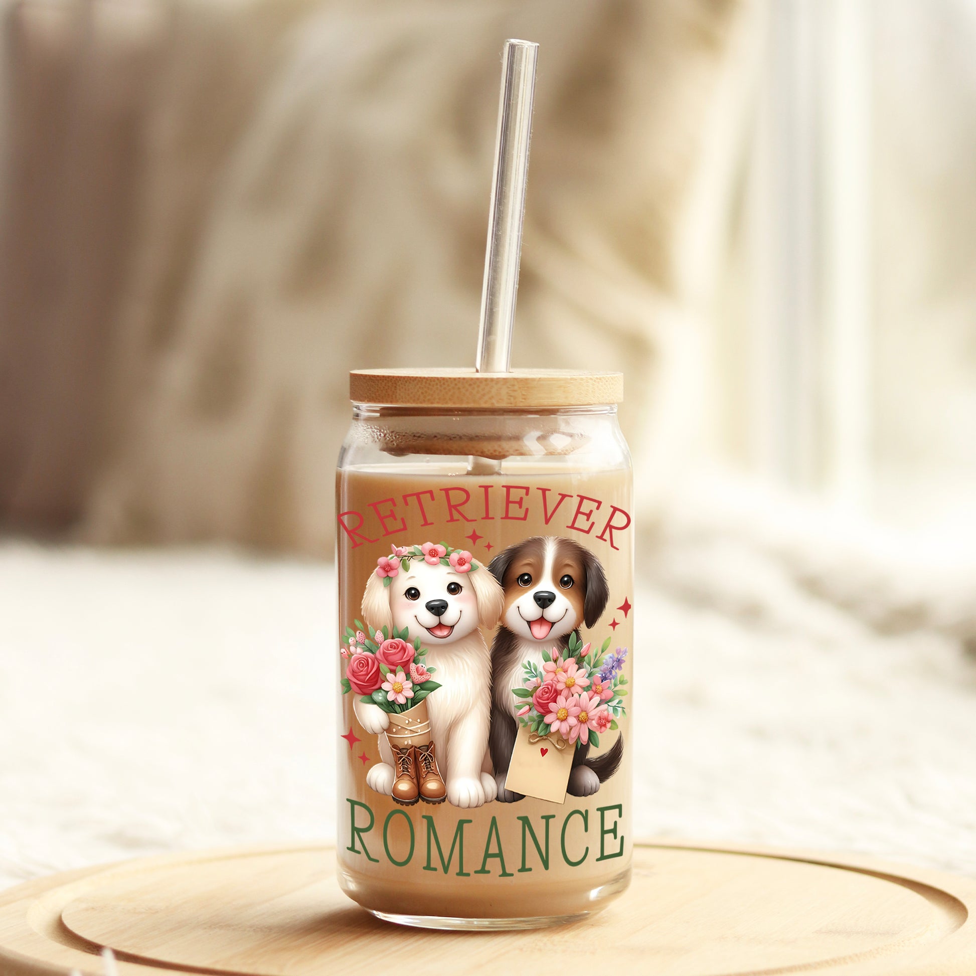 Retriever Romance Valentine's Day 16oz Libbey Glass Can UV DTF or Sublimation Cup Wrap - Decal Transfer - Weefers