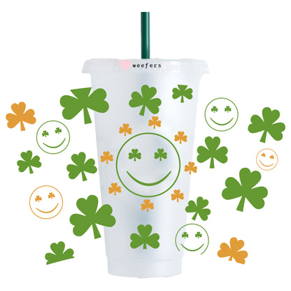 St. Patrick's Day Shamrocks and Smile Faces NO HOLE 24oz Cold Cup UV DTF Wrap - Hole - Ready to apply Wrap - Weefers