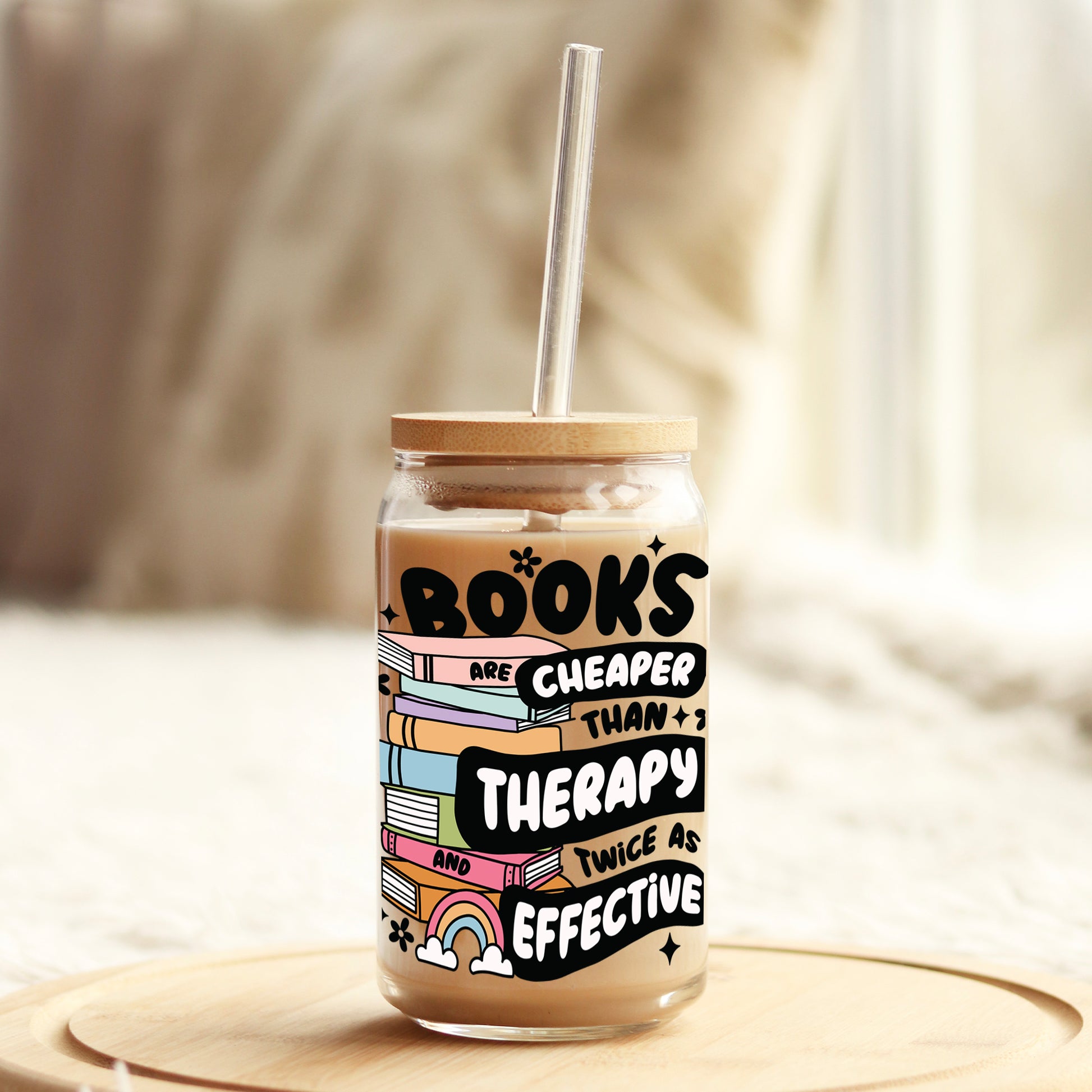 Books Cheaper Than Therapy 16oz Libbey Glass Can UV DTF or Sublimation Cup Wrap - Decal Transfer - Weefers