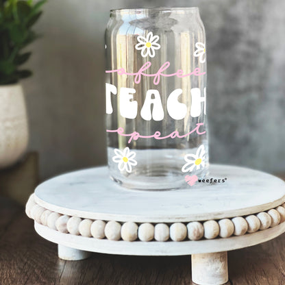 Coffee Teach Repeat Pink and White 16oz Libbey Glass Can UV DTF or Sublimation Wrap - Decal - Weefers