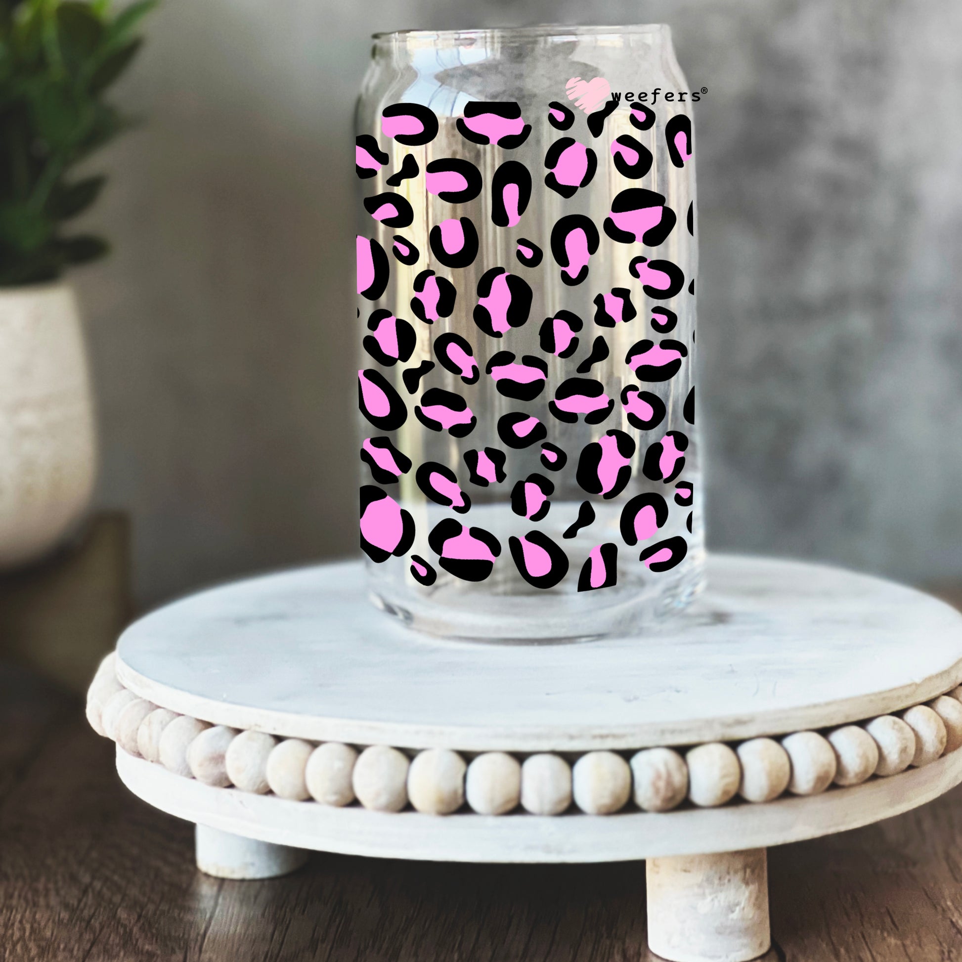 Pink and Black Leopard Print 16oz Libbey Glass Can UV DTF or Sublimation Wrap - Decal - Weefers