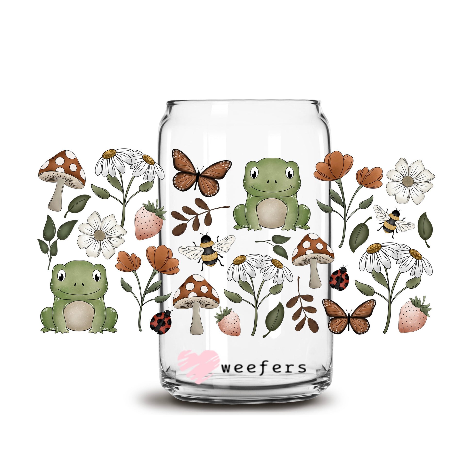 Frogs and Mushrooms 16oz Libbey Glass Can UV DTF or Sublimation Cup Wrap - Decal Transfer - Weefers