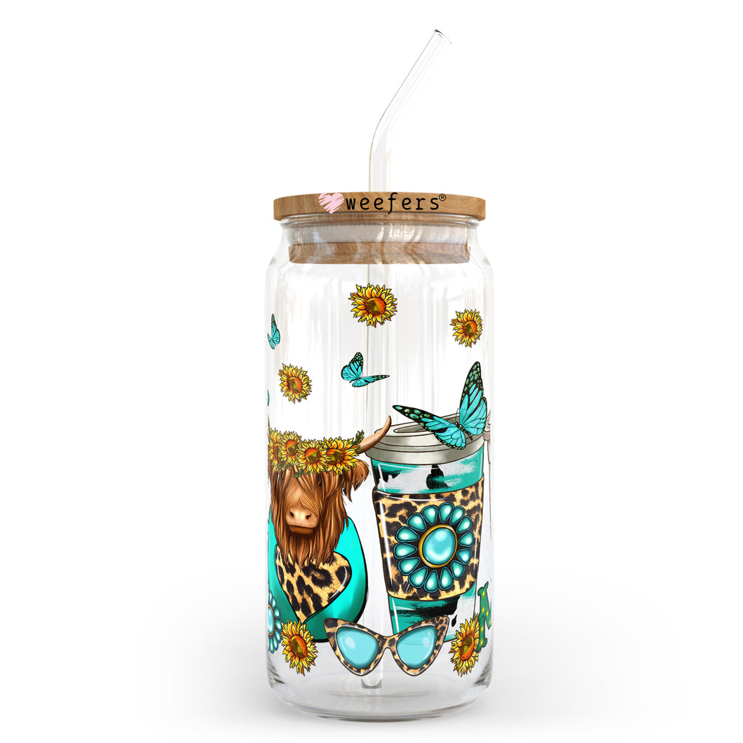 Turquoise Highlander Cow Coffee Latte 20oz Libbey Glass Can, 34oz Hip Sip, 40oz Tumbler UVDTF or Sublimation Decal Transfer
