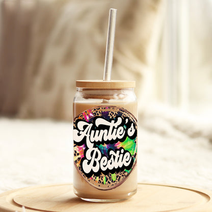 Auntie's Bestie Tie Dye 16oz Libbey Glass Can UV DTF or Sublimation Cup Wrap - Decal Transfer - Weefers