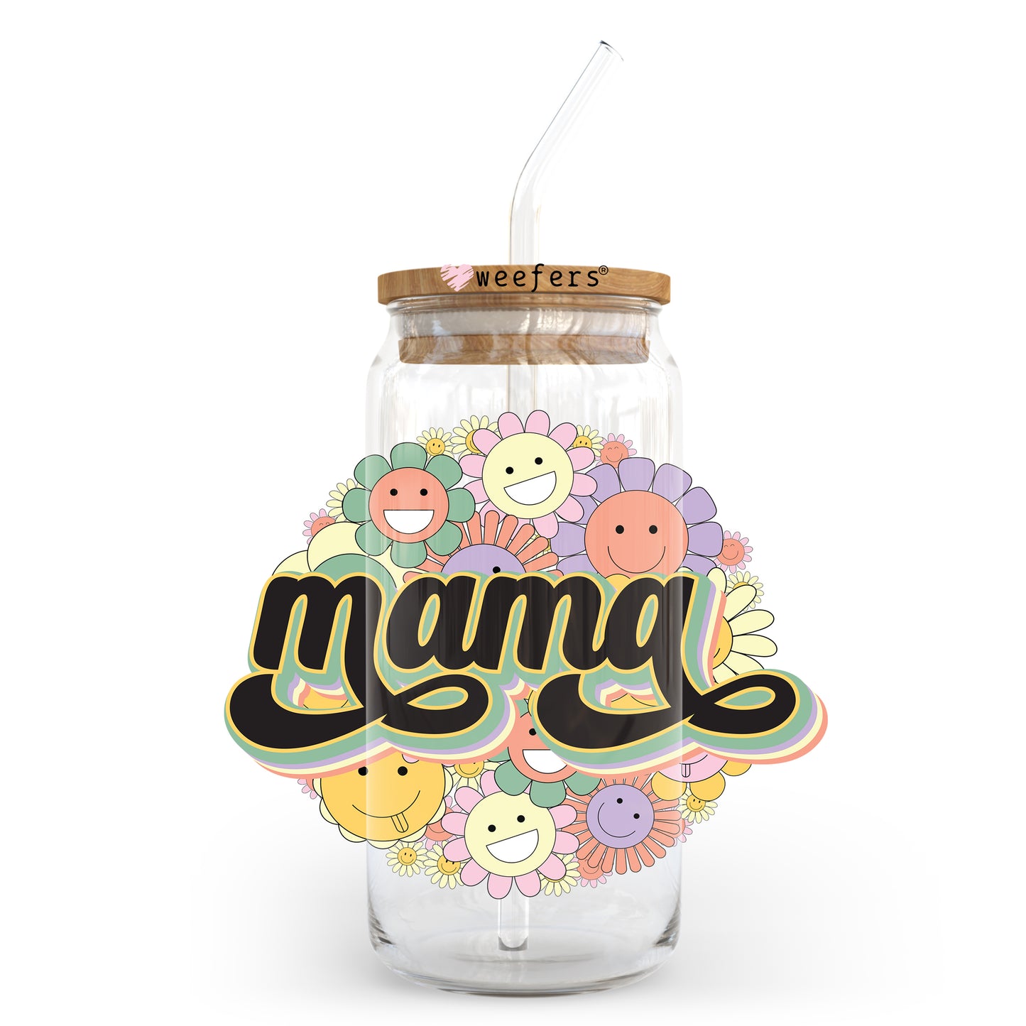 Mama Happy Flowers 20oz Libbey Glass Can UV DTF or Sublimation Wrap - Decal Transfer - Weefers