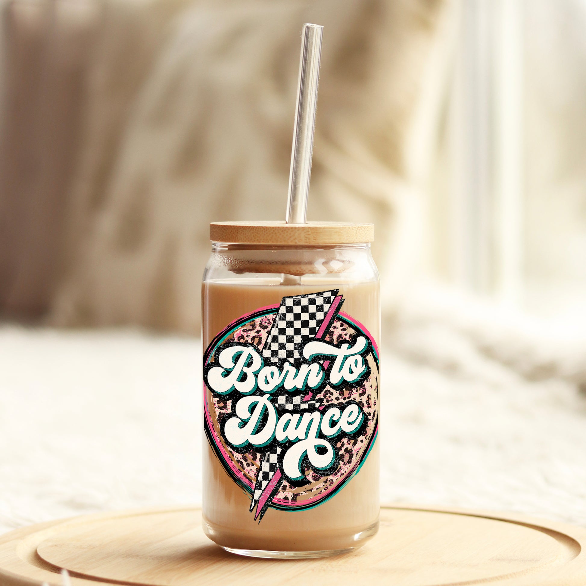 Born to Dance Leopard Print 16oz Libbey Glass Can UV DTF or Sublimation Cup Wrap - Decal Transfer - Weefers