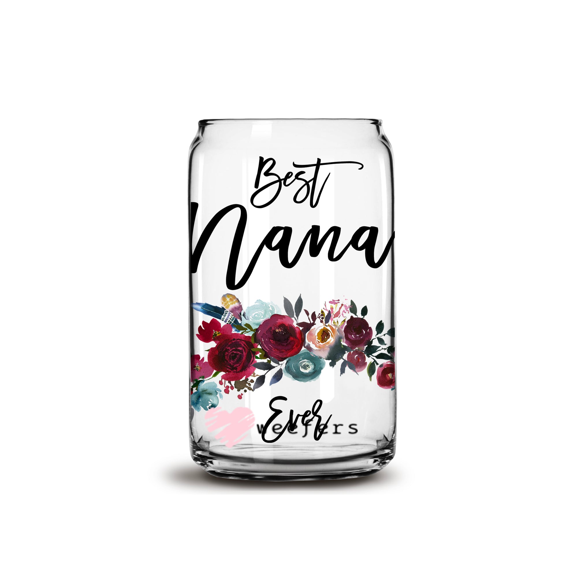 Best Nana Ever Burgundy Floral 16oz Libbey Glass Can UV DTF or Sublimation Wrap - Decal - Weefers