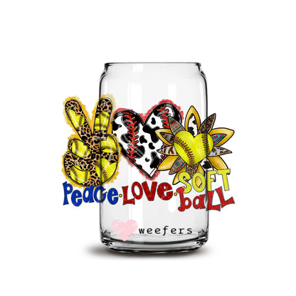 Peace Love Softball 16oz Libbey Glass Can UV DTF or Sublimation Wrap - Decal - Weefers