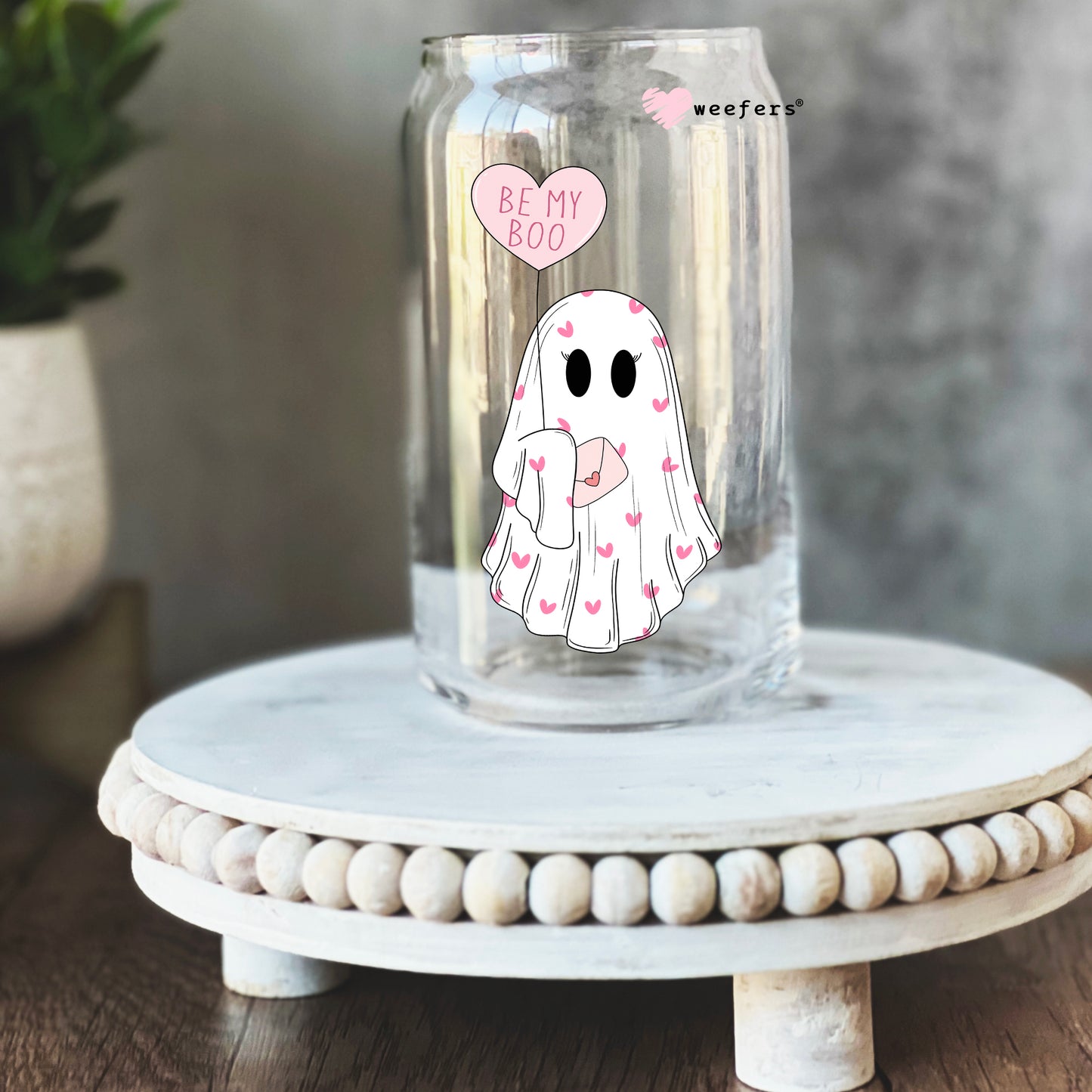 Be my Boo Valentine's Day Ghost 16oz Libbey Glass Can UV DTF or Sublimation Cup Wrap - Decal Transfer - Weefers