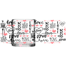 Load image into Gallery viewer, a glass mug with the words love and hearts on it
