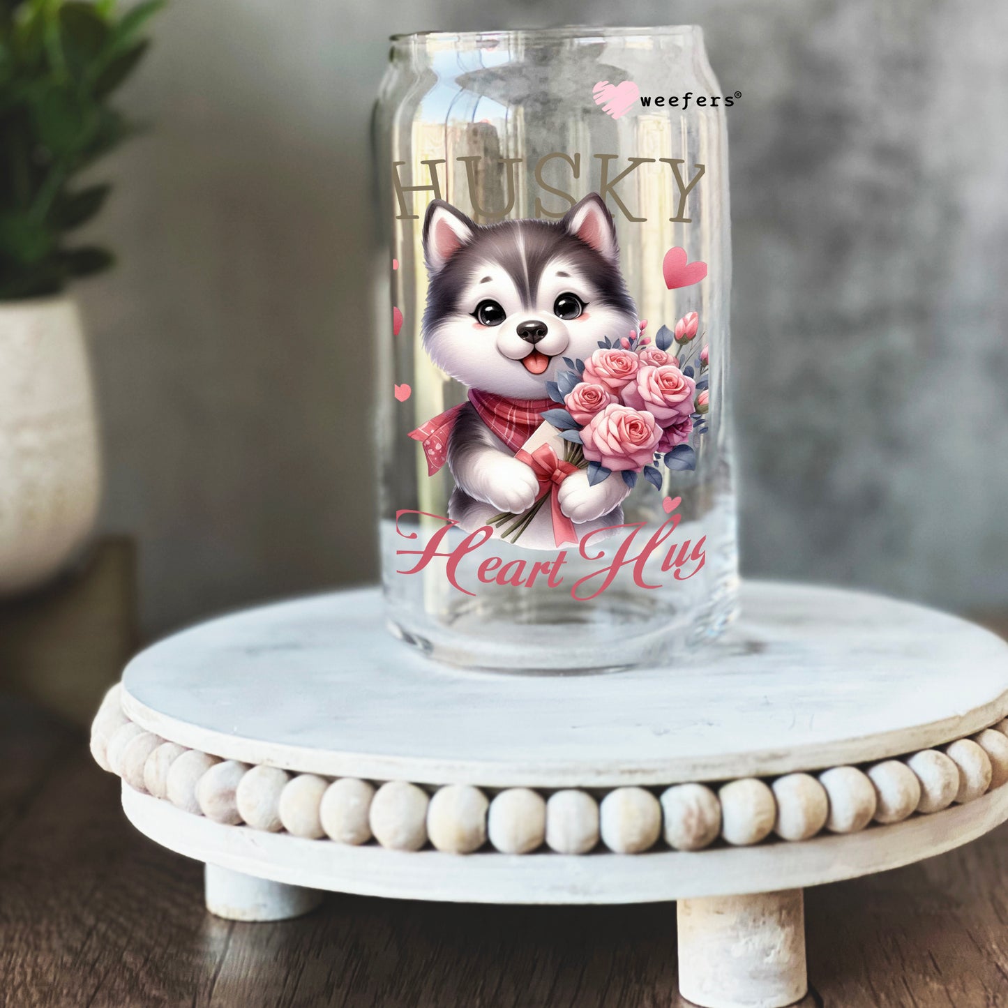 Husky Heart Hug Valentine's Day 16oz Libbey Glass Can UV DTF or Sublimation Cup Wrap - Decal Transfer - Weefers