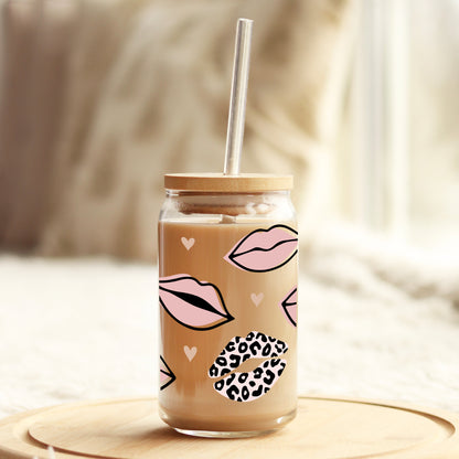 Leopard and Light Mauve Lips 16oz Libbey Glass Can UV DTF or Sublimation Wrap - Decal - Weefers