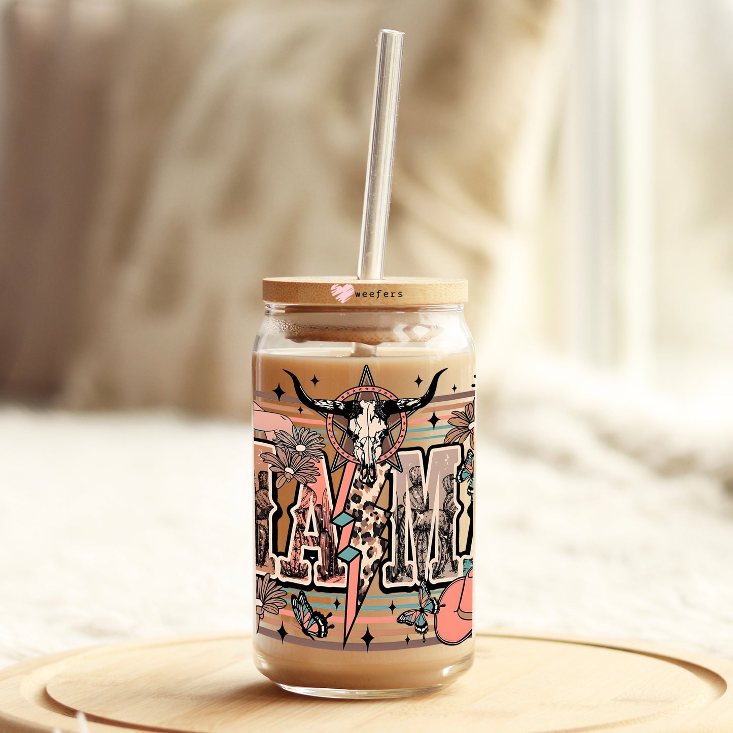 Mama Aztec Neutrals Cow Skull 16oz Libbey Glass Can UV DTF or Sublimation Cup Wrap - Decal Transfer - Weefers